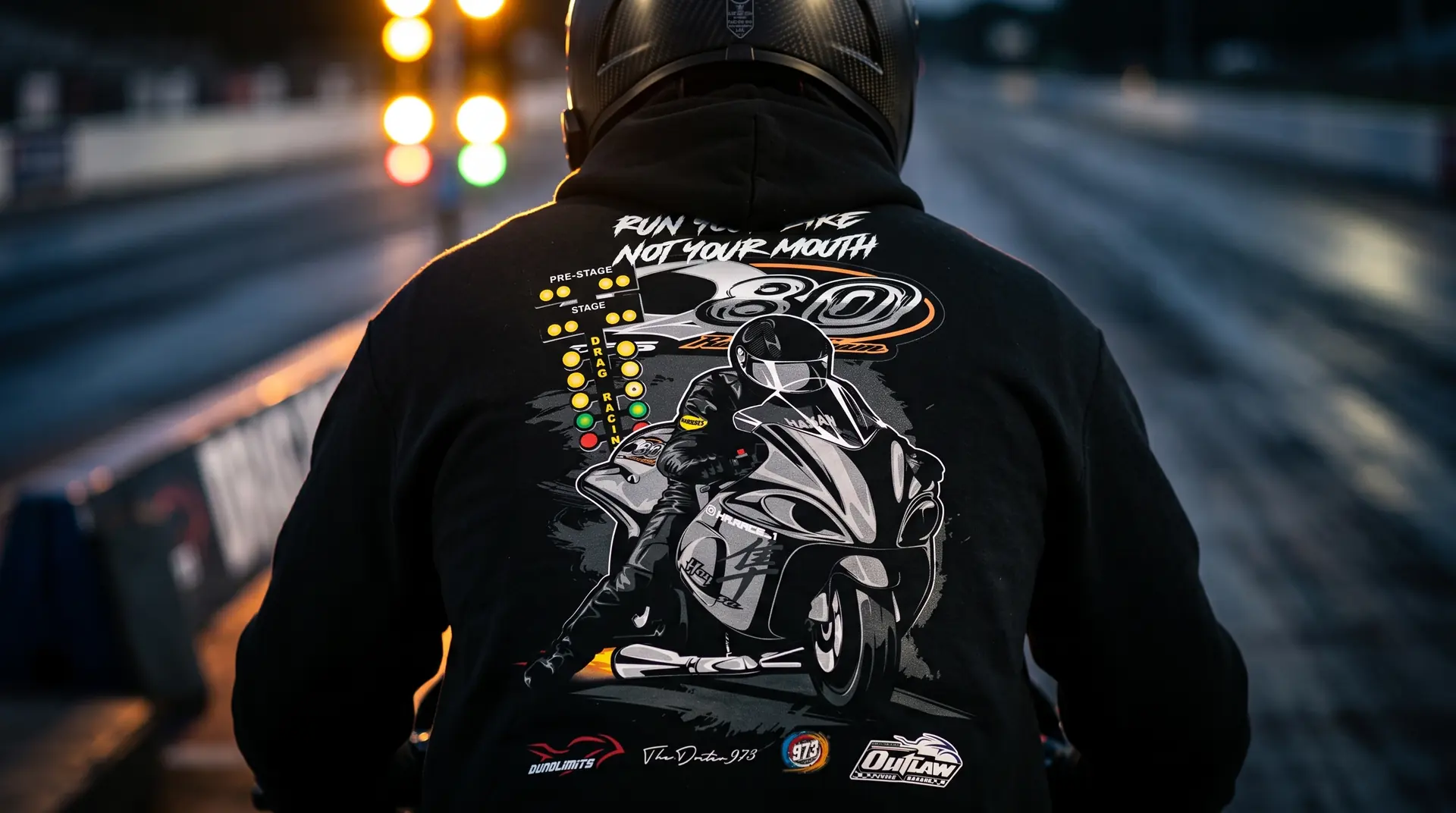 Drag-racing hoodie on the startline