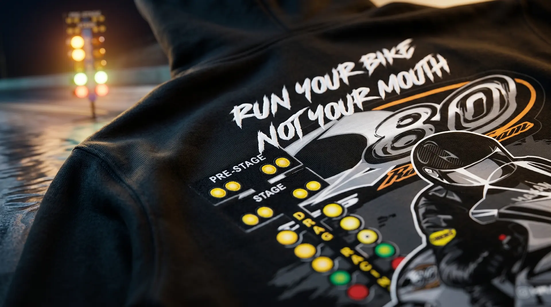 Close-up of a hand-drawn drag-racing hoodie print